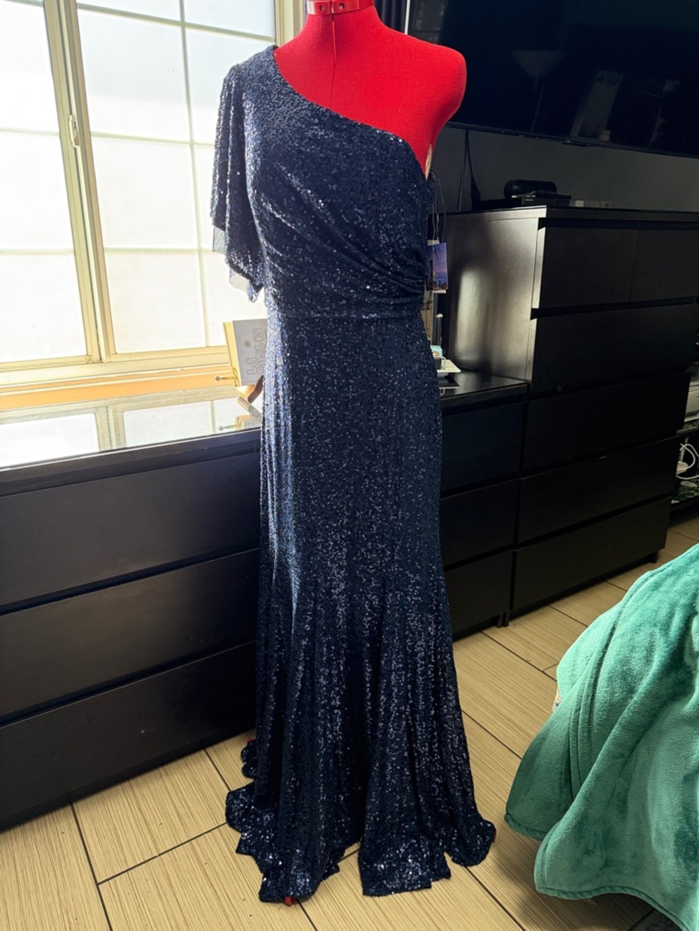 Night Way Collections Navy One-Shoulder Sequin Gown